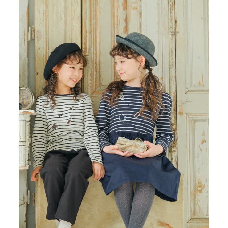 子供服 女の子 ドッキング ワンピース ジャンパースカート 秋冬 長袖 子ども服 こども服 こども ボーダー柄 音符 楽器 刺繍 ネイビー ホワイト×ブラック