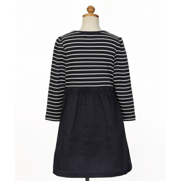 子供服 女の子 ドッキング ワンピース ジャンパースカート 秋冬 長袖 子ども服 こども服 こども ボーダー柄 音符 楽器 刺繍 ネイビー ホワイト×ブラック