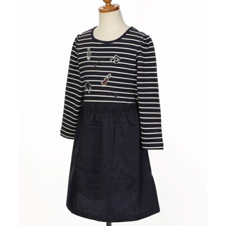 子供服 女の子 ドッキング ワンピース ジャンパースカート 秋冬 長袖 子ども服 こども服 こども ボーダー柄 音符 楽器 刺繍 ネイビー ホワイト×ブラック