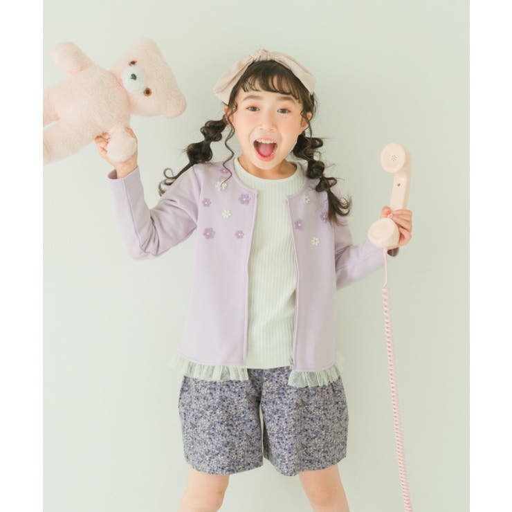 普段着発表会お出かけ着フォーマル通学羽織り花刺繍ポケット付きファスナーフリル裏毛