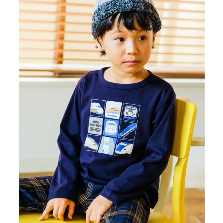 子供服 男の子 Tシャツ 秋冬 長袖 男児 おとこのこ ボーイズ ベビー 子ども こども服 キッズ 電車 乗り物 プリント 長そで カットソー レッド ネイビー