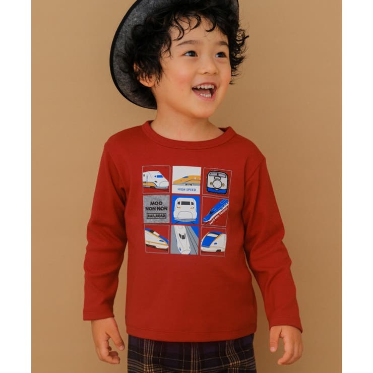 子供服 男の子 Tシャツ 秋冬 長袖 男児 おとこのこ ボーイズ ベビー 子ども こども服 キッズ 電車 乗り物 プリント 長そで カットソー レッド ネイビー