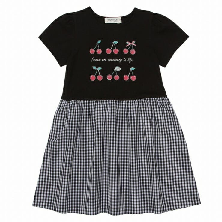 キッズジュニアリボンさくらんぼチェリーロゴプリントギンガムチェックドッキングワンピース