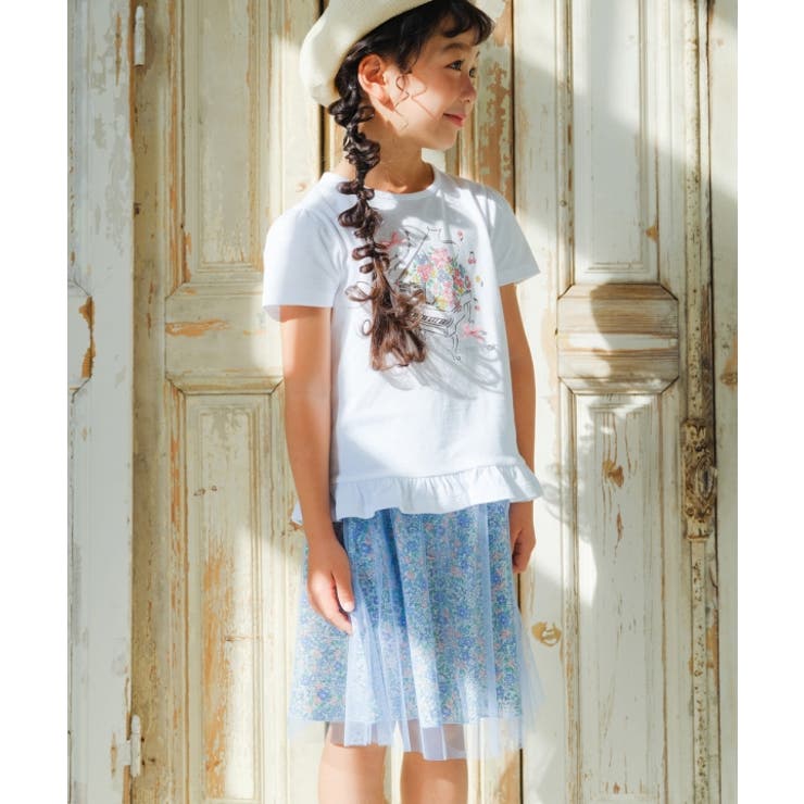 綿100％ベビーキッズジュニアお花ピアノ音符プリントフリル子ども服コットンTシャツ