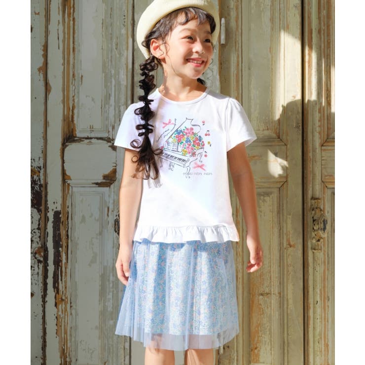 綿100％ベビーキッズジュニアお花ピアノ音符プリントフリル子ども服コットンTシャツ