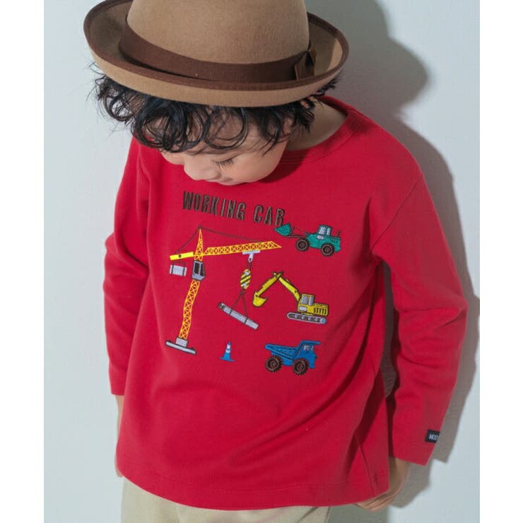 子供服 男の子 Tシャツ 秋冬 長袖 こども服 ベビー キッズ 乗り物 刺繍 普段着 お出かけ レッド オフホワイト 80cm 90cm 100cm 110cm 120cm 130cm 1歳 2歳 3歳 4歳 5歳 6歳 7歳 8歳 9歳 10歳 【むーのんのん moononnon】