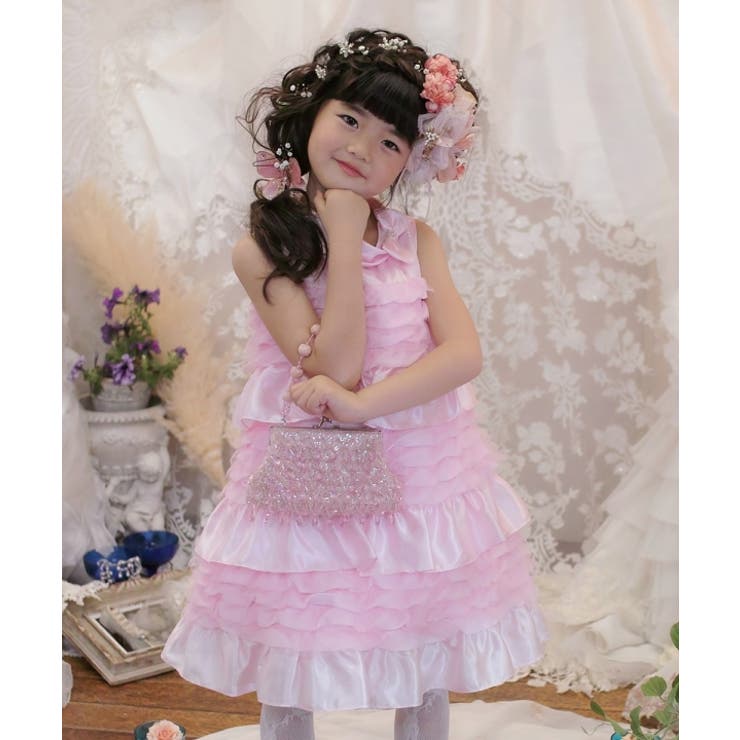子供服女の子フォーマルドレス結婚式発表会ノースリーブリボンつきチュールフリルAラインドレスピンク80cm90cm100cm110cm120cm【むーのんのんMOONONNON】