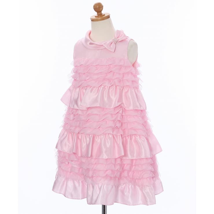 子供服女の子フォーマルドレス結婚式発表会ノースリーブリボンつきチュールフリルAラインドレスピンク80cm90cm100cm110cm120cm【むーのんのんMOONONNON】