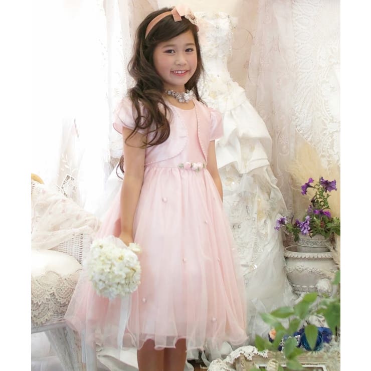 子供服女の子フォーマルドレス・発表会結婚式半袖お花モチーフ付きボレロ重ね着風チュールドレスピンクオフホワイト90cm100cm110cm120cm【むーのんのんMOONONNON】