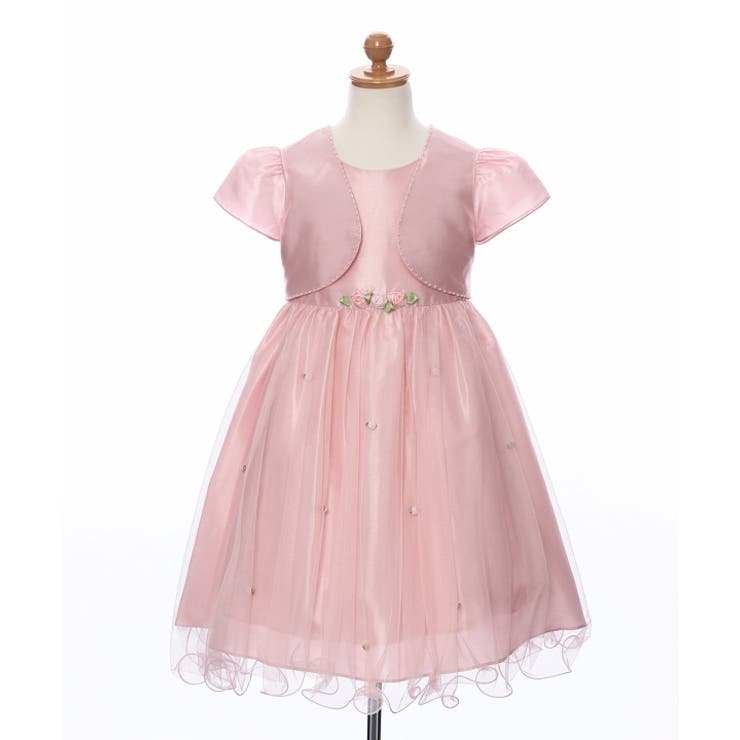 子供服女の子フォーマルドレス・発表会結婚式半袖お花モチーフ付きボレロ重ね着風チュールドレスピンクオフホワイト90cm100cm110cm120cm【むーのんのんMOONONNON】