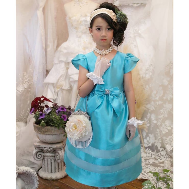 子供服女の子フォーマルドレス発表会結婚式半袖ラインストーンリボン付きチュールライン入りドレスピンクブルー120cm130cm140cm150cm160cm【むーのんのんMOONONNON】