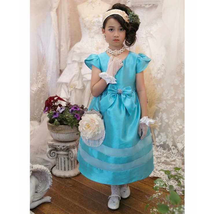 子供服女の子フォーマルドレス発表会結婚式半袖ラインストーンリボン付きチュールライン入りドレスピンクブルー120cm130cm140cm150cm160cm【むーのんのんMOONONNON】