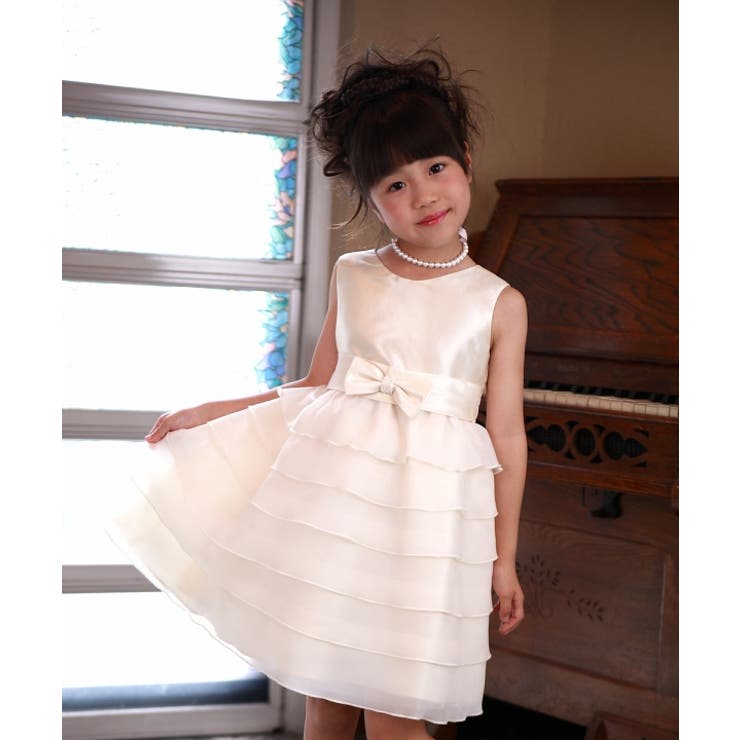 子供服女の子発表会結婚式フォーマルドレス・入学式ノースリーブオーガンジーフリルリボン付きドレスオフホワイトパープル110cm120cm130cm140cm150cm【むーのんのんMOONONNON】