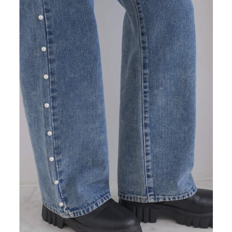 パール付きデニムPT デニムパンツ ストレートシルエット[品番