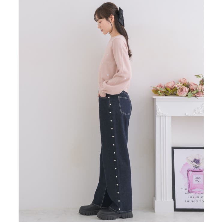 パール付きデニムPT デニムパンツ ストレートシルエット[品番