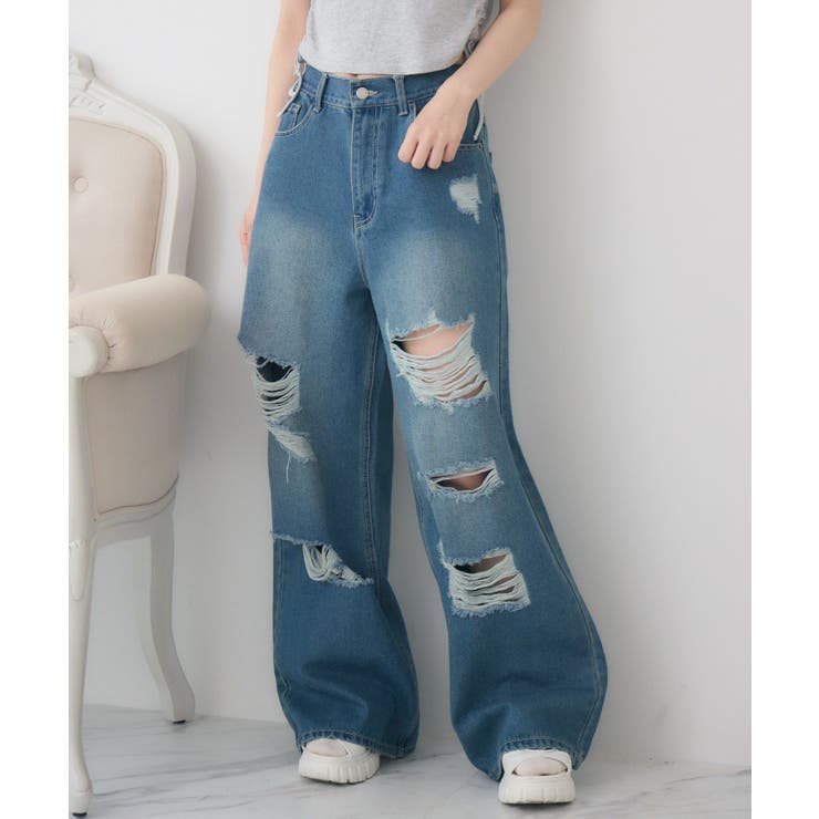 Vintageダメージデニム　made in korea セール】【Snap club】ヴィンテージ加工ダメージデニムワイド