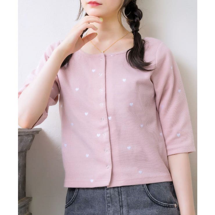 ワッフルハート刺繍カーデ カーディガン 秋冬[品番：RTGW0007226