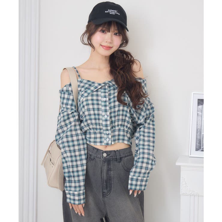 オフショルシャツ風チェックBL[品番：RTGW0009231]｜RETRO GIRL