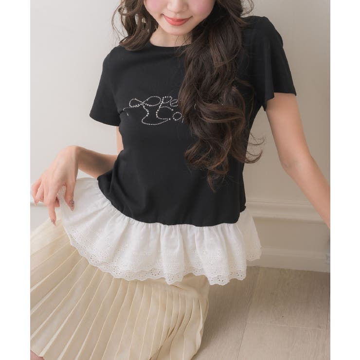 BLK1 | 裾レースビジューロゴTEE | RETRO GIRL