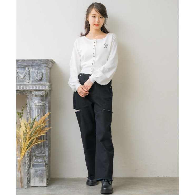 パフ袖刺繍カーデ Emsexcite ニットカーディガン[品番