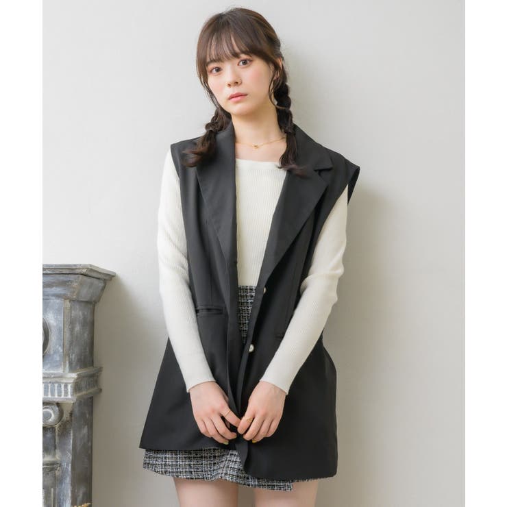 リボンデザインパールボタンベスト　ブラック パールボタンペプラムジレ(34 BLACK): M-PREMIER公式通販｜m-i-d