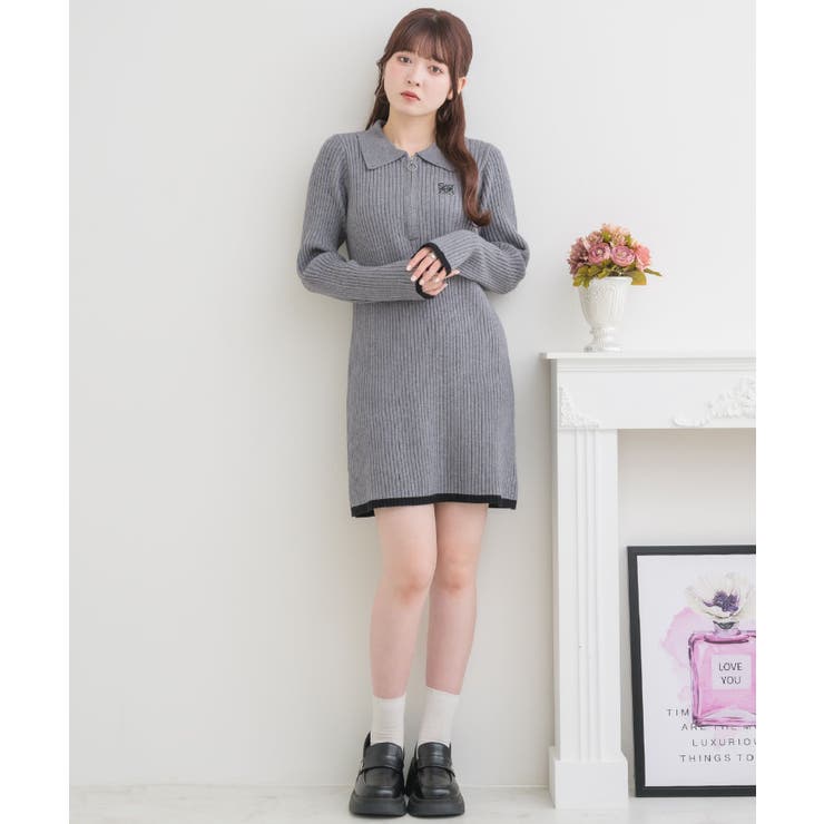 Elcamino」ニット×コーデュロイ 花柄ワンピース オレンジ - 古着