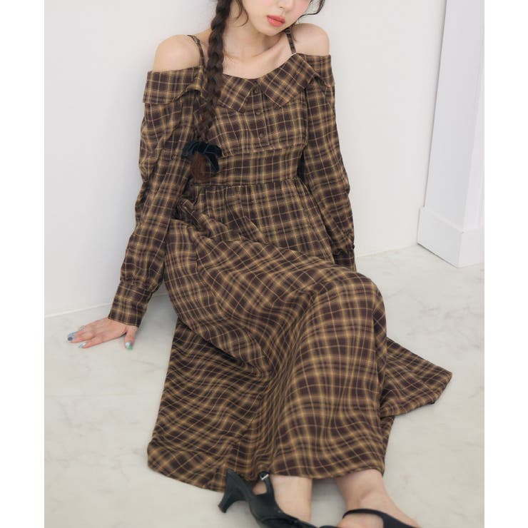 C/BRN | オフショルアソートロングOP | RETRO GIRL