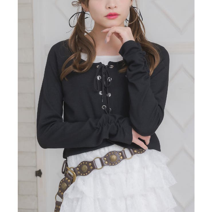 BLK1 | レースアップレイヤード風ロンTEE | RETRO GIRL