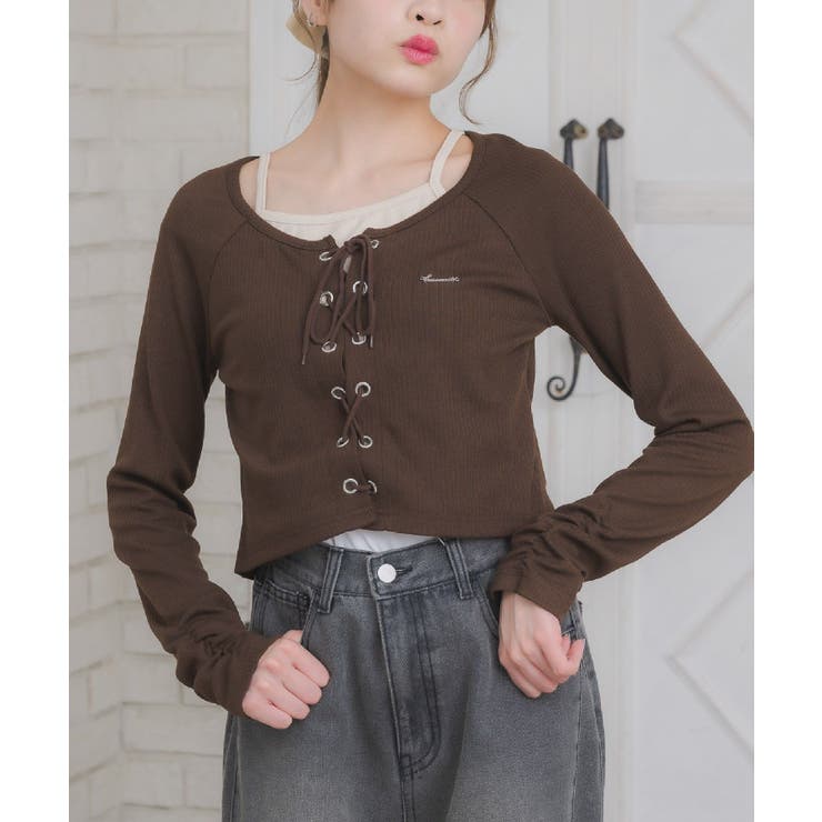 レースアップレイヤード風ロンTEE[品番：RTGW0009493]｜RETRO GIRL