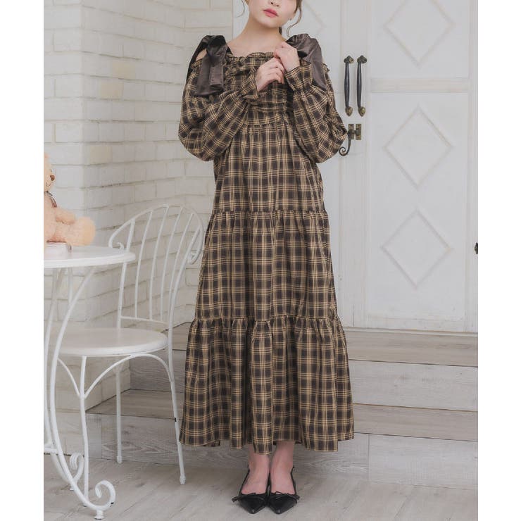 C/BRN | ベロアリボンチェックOP | RETRO GIRL