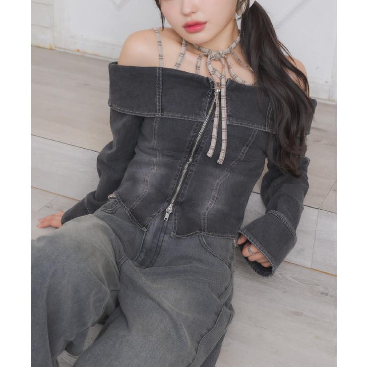 BLK1 | デニムZIPオフショルBL | RETRO GIRL