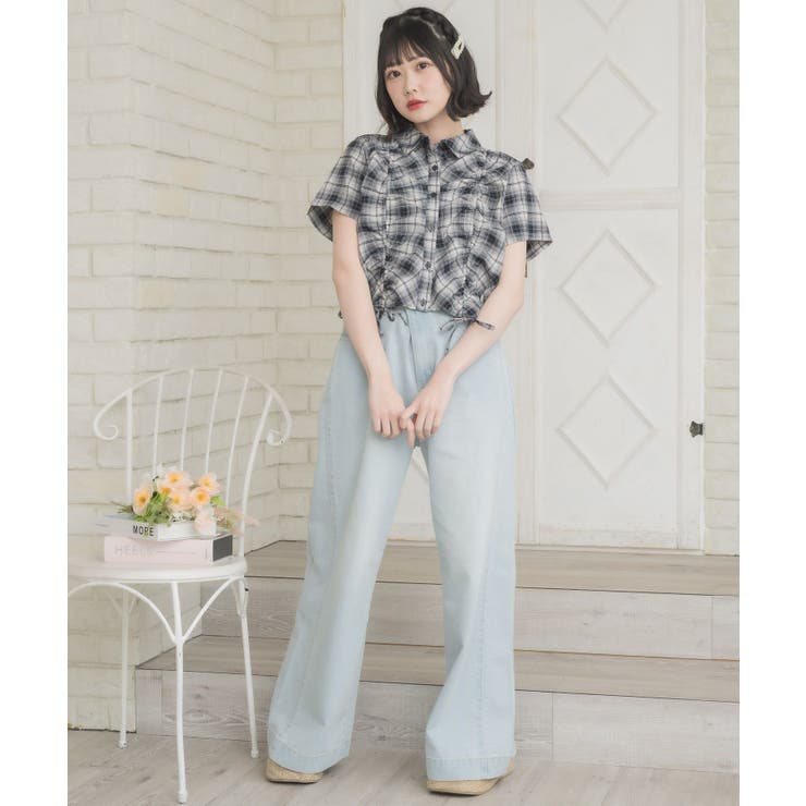 トレンド レトロチェック オーバーサイズシャツ ハイウエストショートパンツ - パンツ 腰巻き シャツ風 チェック柄 ショートパンツ レディース