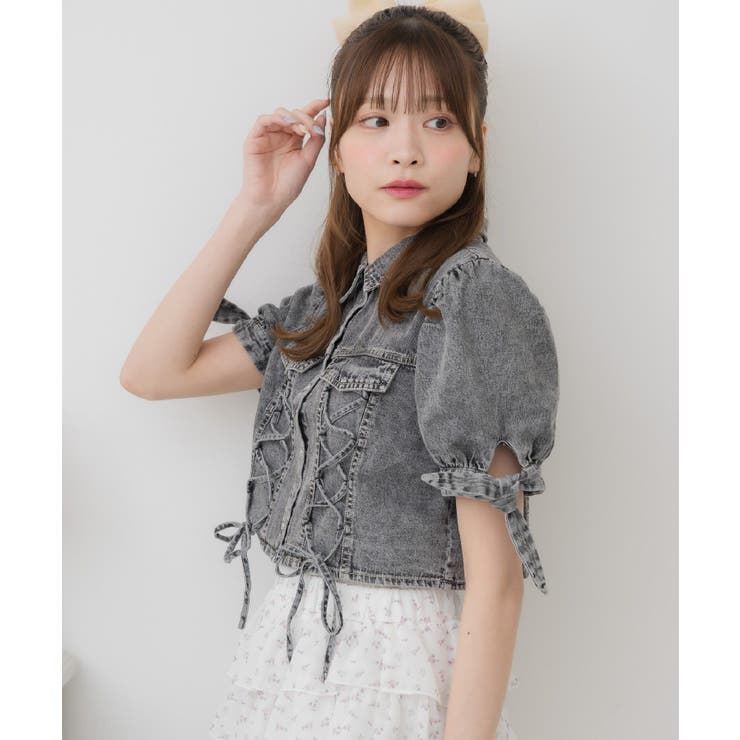 tシャツ レースアップデニムトップス レディース レースアップデニムSH|ems excite | RETRO GIRL ONLINE STORE