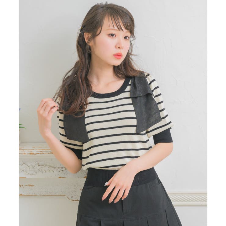 B/BLK | パフスリーブ肩リボンNT | RETRO GIRL