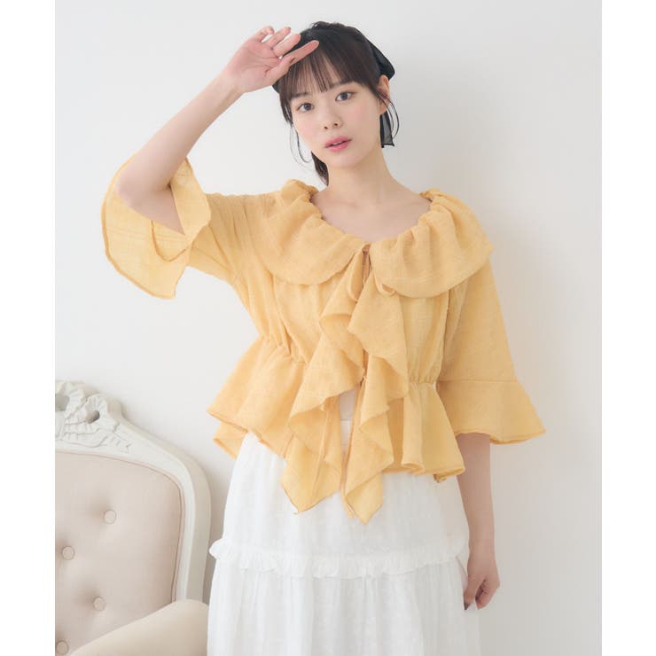 コールドショルダー クロップトップ フリル レイヤードトップ フラワー