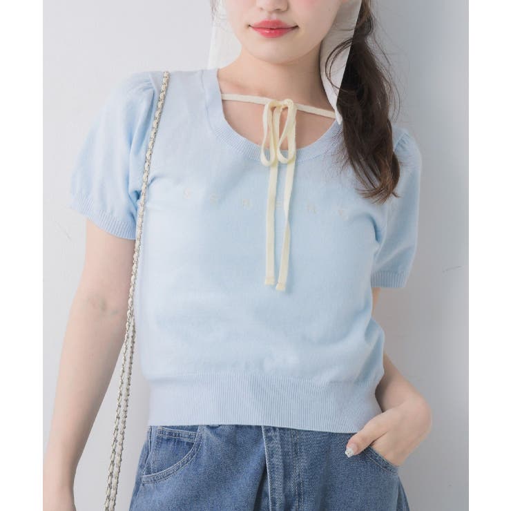 BLU0 | リボンつきロゴ刺繍ニットプルオーバー | RETRO GIRL