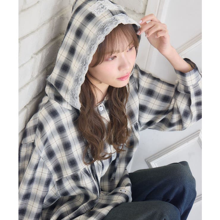 C/BLK | レース付フーディーシアーシャツ | RETRO GIRL