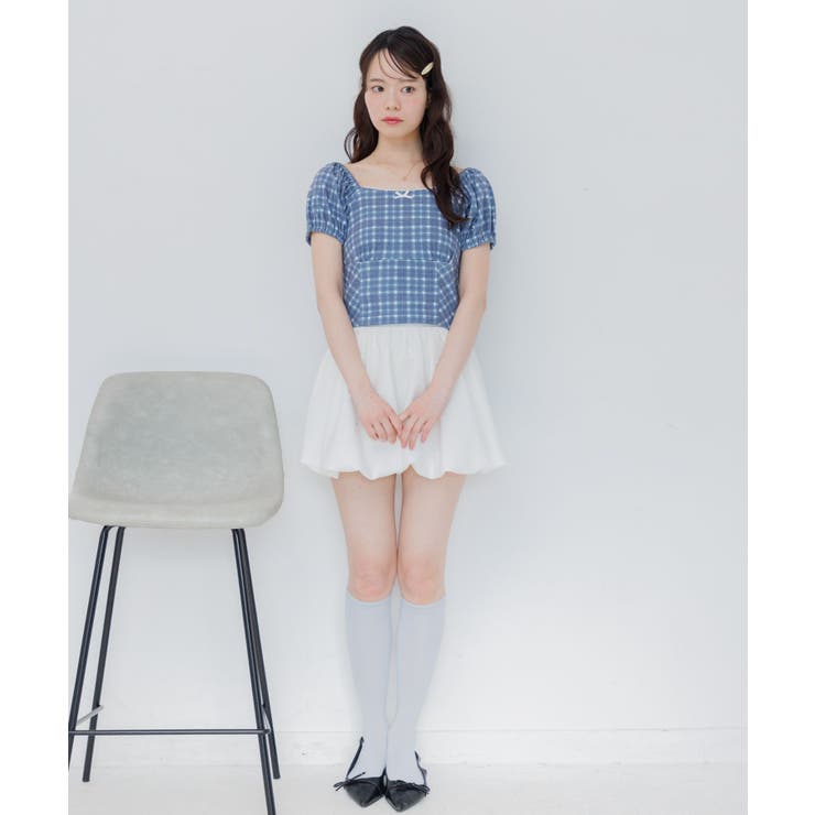 チェック柄パフ袖カットソー | RETRO GIRL | 詳細画像6 