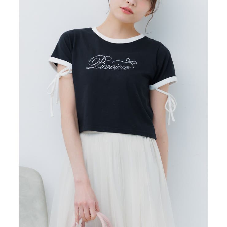 BLK1 | 袖リボンビジューロゴTEE | RETRO GIRL