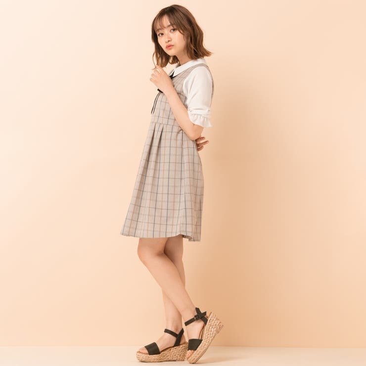 evelyn ワンピース ピンク 春 リボンチェックタイトOP（evelyn