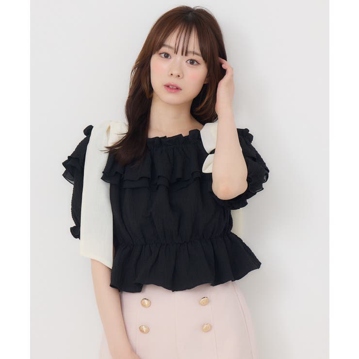 美品 Rene 肩リボン フリル コットンブレンド ニット ブラック 36 美品 Rene 肩リボン フリル コットンブレンド ニット ブラック 36