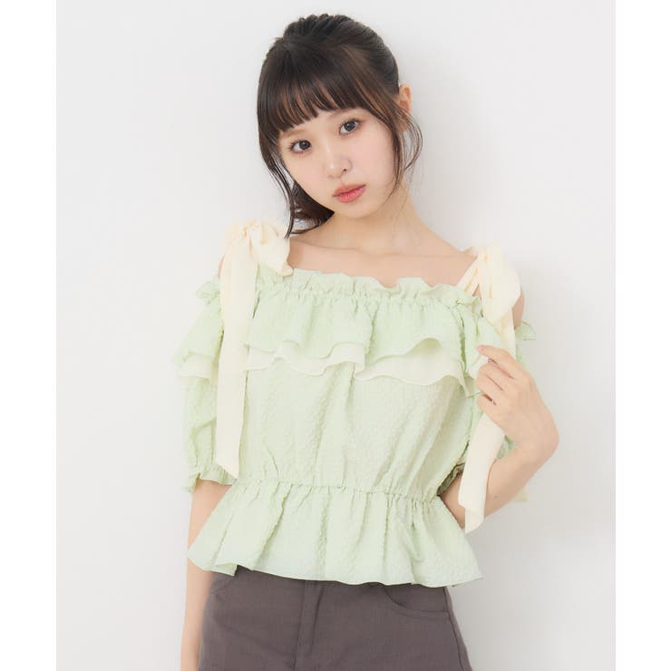 美品 Rene 肩リボン フリル コットンブレンド ニット ブラック 36 パフスリーブ肩リボンNT|ems excite | RETRO GIRL ONLINE STORE
