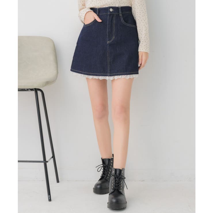 BLU0 | 裾レースデニムミニSK | RETRO GIRL