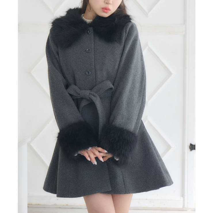 GRY2 | 2wayファー襟付リボンコート | RETRO GIRL