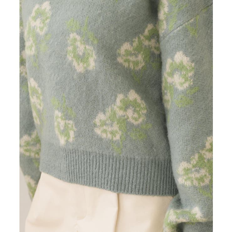 花柄ニットセーター モックネック 薄手 長袖 緑 グリーン  レトロ