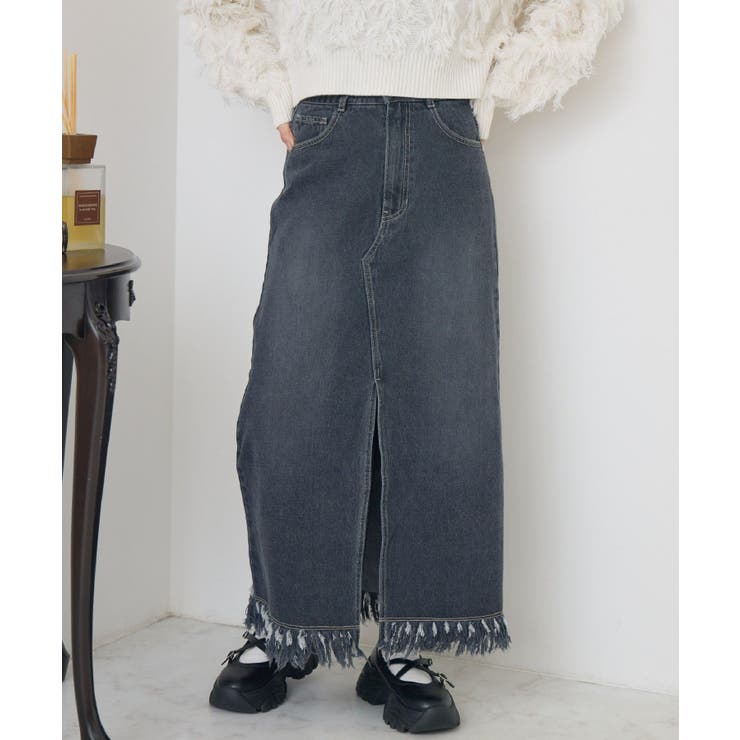 BLK1 | 裾フリンジデニムSK | RETRO GIRL