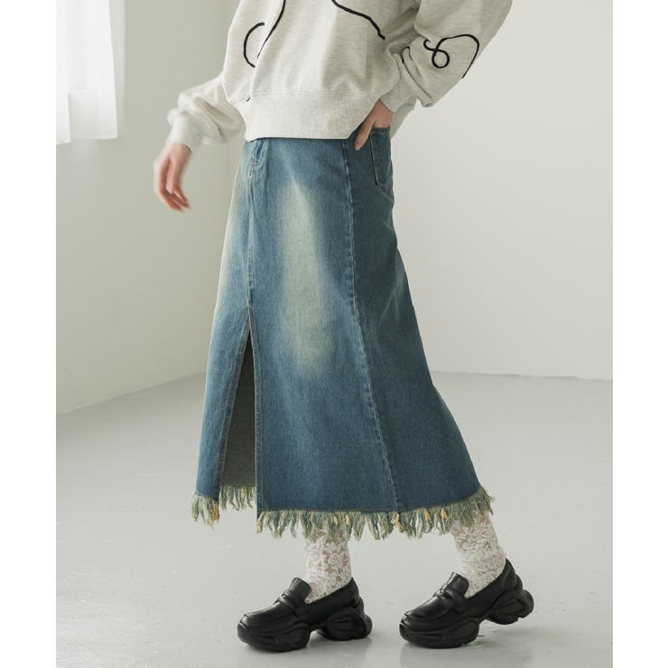 BLU0 | 裾フリンジデニムSK | RETRO GIRL