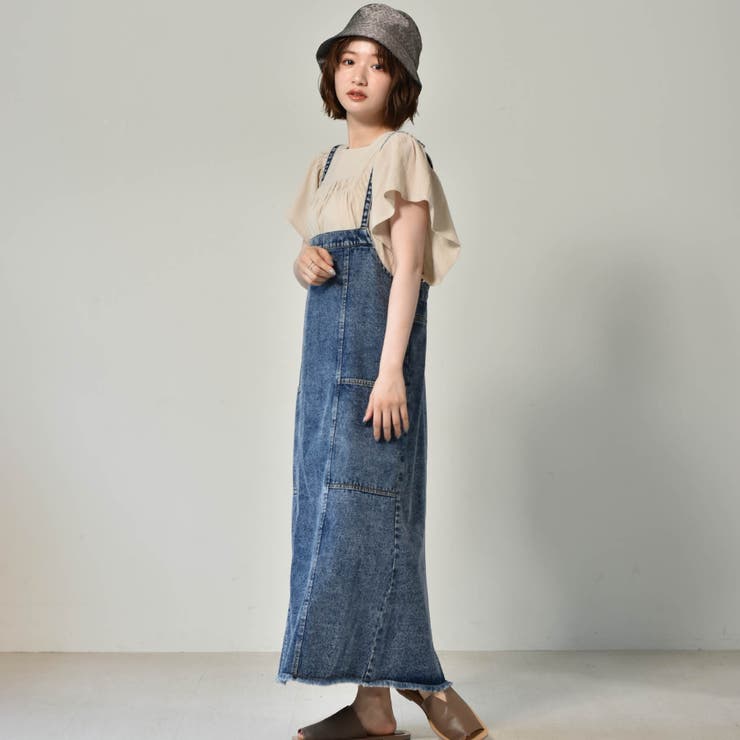KNEEダメージハイウエストワイドストレートデニムパンツ[品番