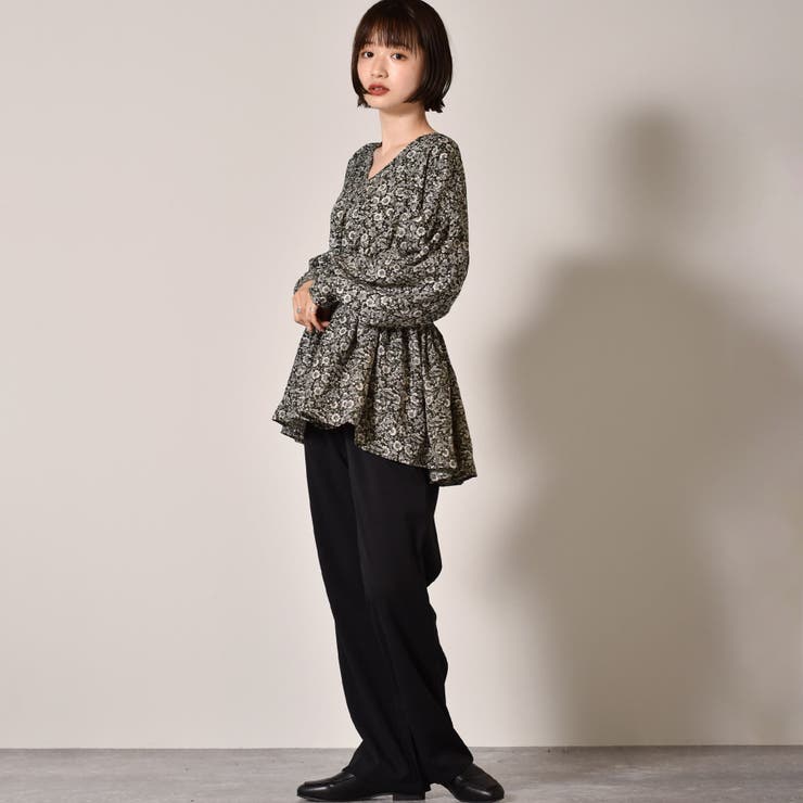 花柄 ボタニカル柄 リボンペプラムブラウス レトロ ヴィンテージ 日本製 紫 緑 ◇RETRO GIRL◇ Bリボンペプラム花柄BL[品番：RTGW0002363