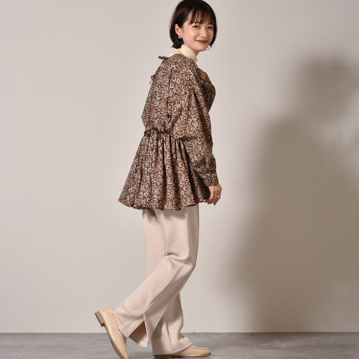 花柄 ボタニカル柄 リボンペプラムブラウス レトロ ヴィンテージ 日本製 紫 緑 ribbon motif moss green bowtie blouse 〈レトロ古着 リボン柄